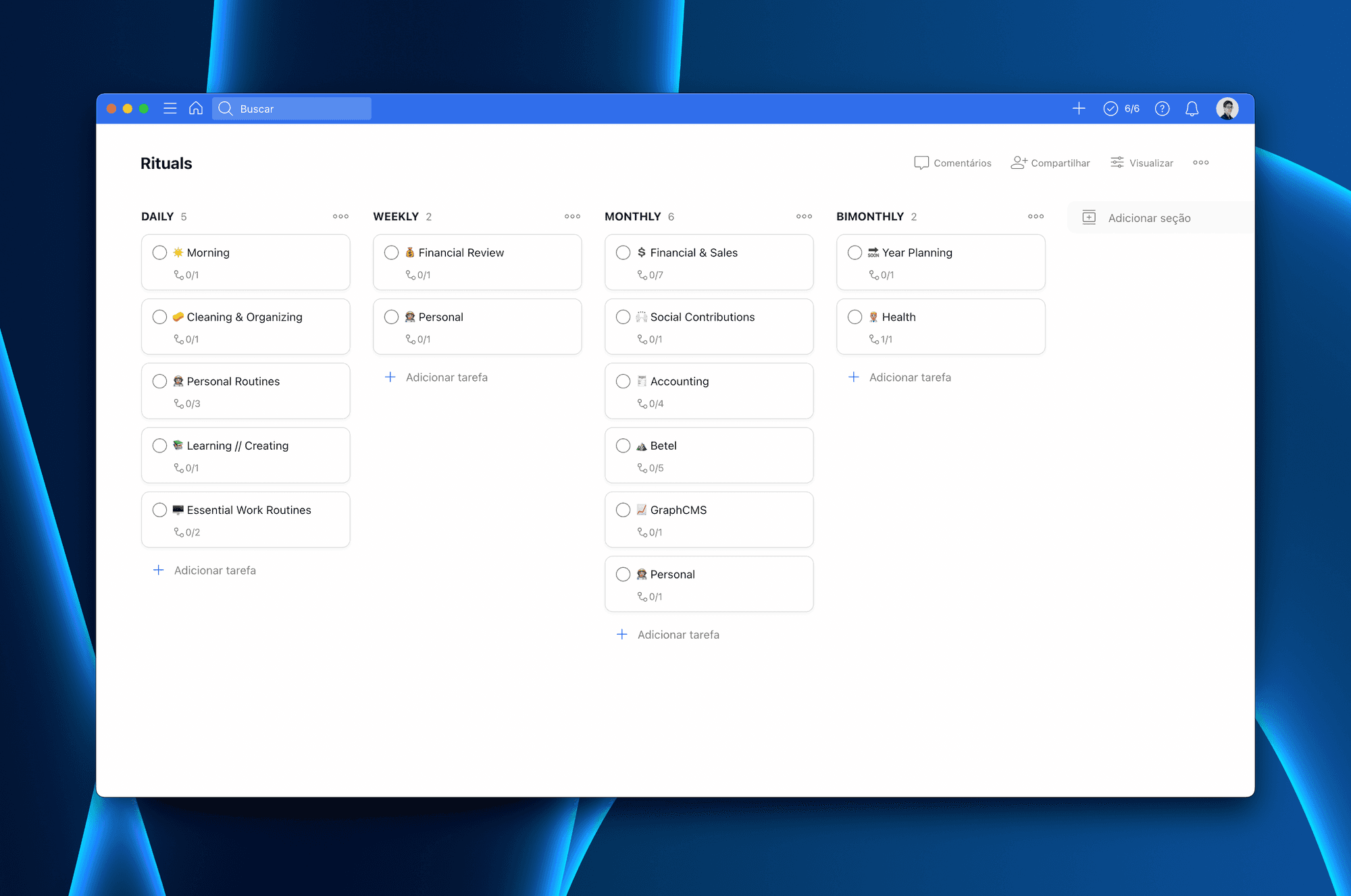 Alguns dos meu rituais no Todoist
