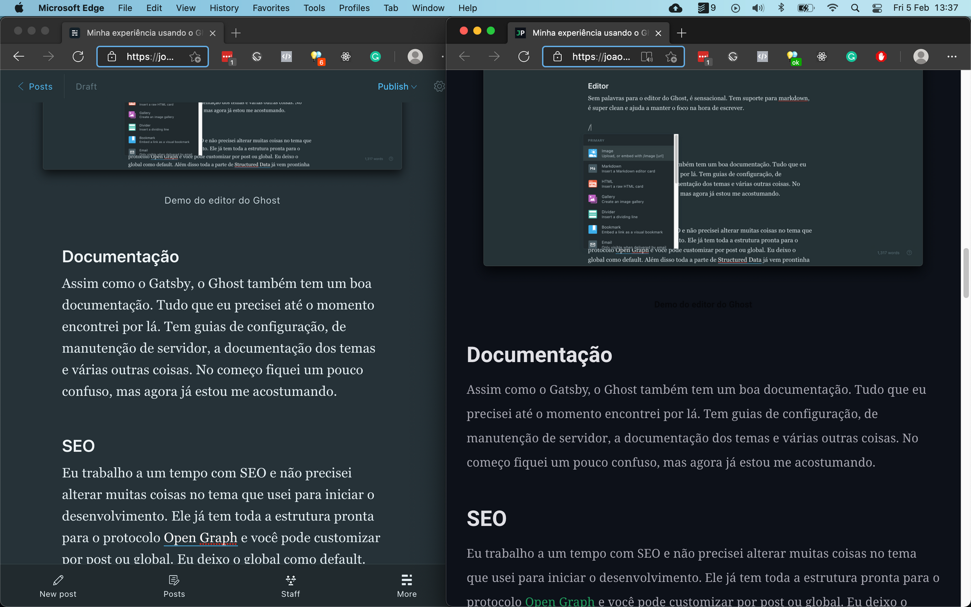 Duas janelas do navegador abertas. Uma com o editor e a outra um preview do texto do blog